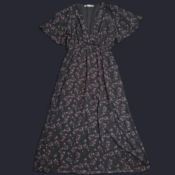 Twik by Simons Black & Pink Floral Pattern Flutter Sleeve Dark Femme Maxi Dress - Picture 6 of 8